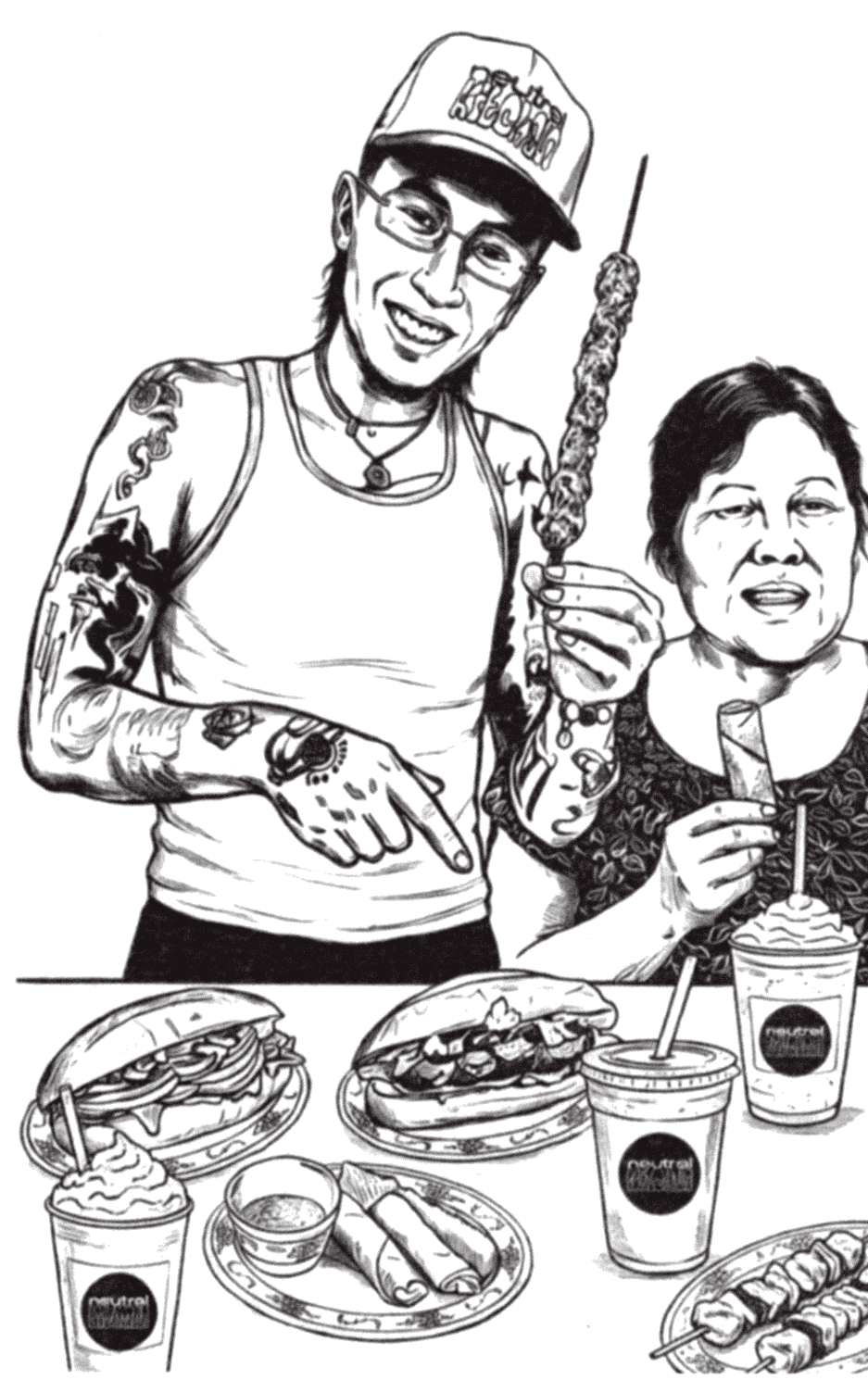 Martin Nguyen and his mother behind a spread of bánh mì, chả giò, cà phê sữa đá and thịt nướng skewers